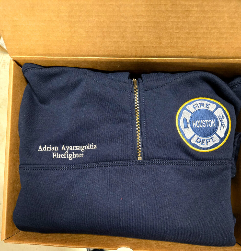 Custom embroidered Houston Fire Department quarter zip with name personalization