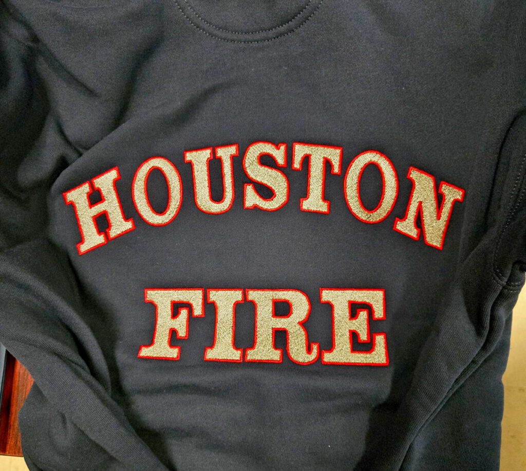 Large custom embroidered Houston Fire Department jacket produced in Houston Texas