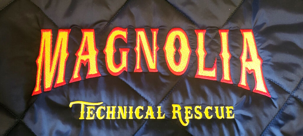 Large-format embroidery for fire department uniforms and outerwear.